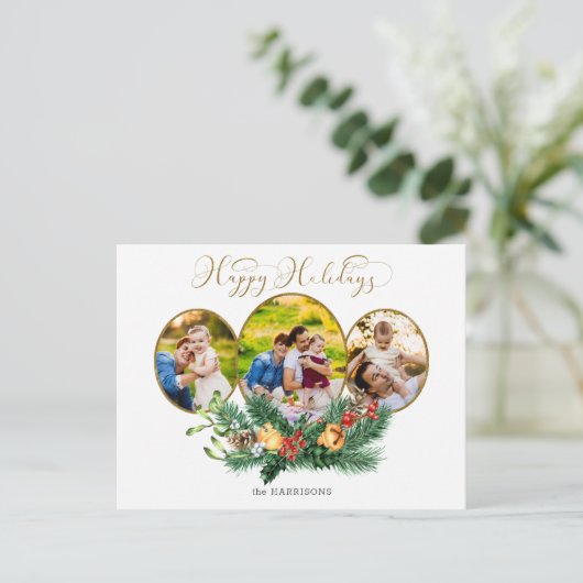 Floral 3-foto Gold Prettige feestdagen script (Staand voorkant)