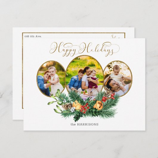 Floral 3-foto Gold Prettige feestdagen script (Voorkant / Achterkant)