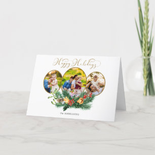 Floral 3-foto Gold Prettige feestdagen script Kaart