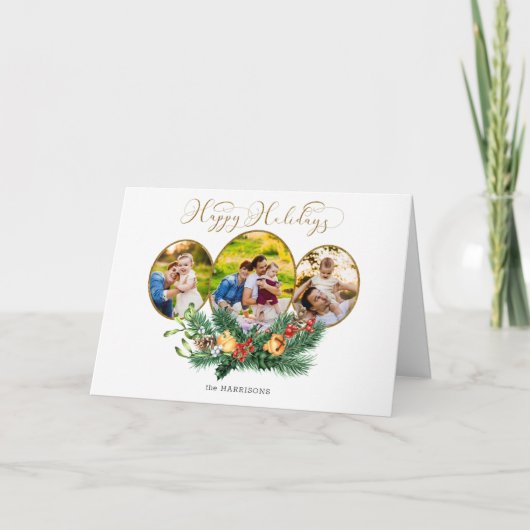 Floral 3-foto Gold Prettige feestdagen script Kaart (Voorkant)