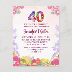 Floral 40e verjaardag - Elegante pastel 40 jaar Uitnodiging Briefkaart