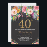 Floral 40e verjaardag uitnodiging Gold Glitter<br><div class="desc">Floral 40e verjaardag uitnodiging voor vrouwen. Waterverf bloemen. Zwart en goud glitter. Roze,  geel,  Oranje,  Paarse bloem. Verjaardag voor volwassenen. Voor verdere aanpassing klikt u op de knop "Aanpassen" en gebruikt u onze ontwerptool om deze sjabloon te wijzigen.</div>