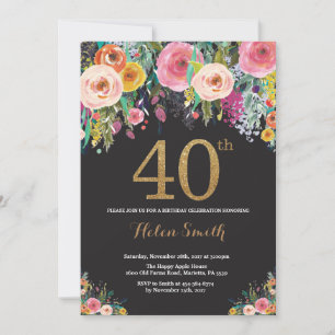 Floral 40e verjaardag uitnodiging Gold Glitter