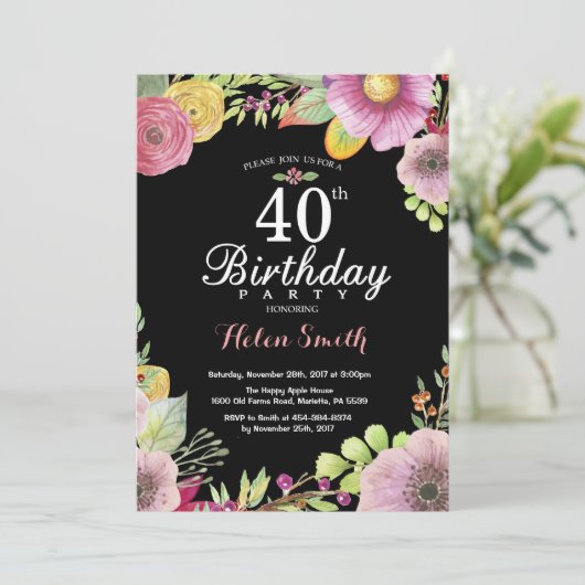 Floral 40e verjaardag uitnodiging voor vrouwen (Staand voorkant)