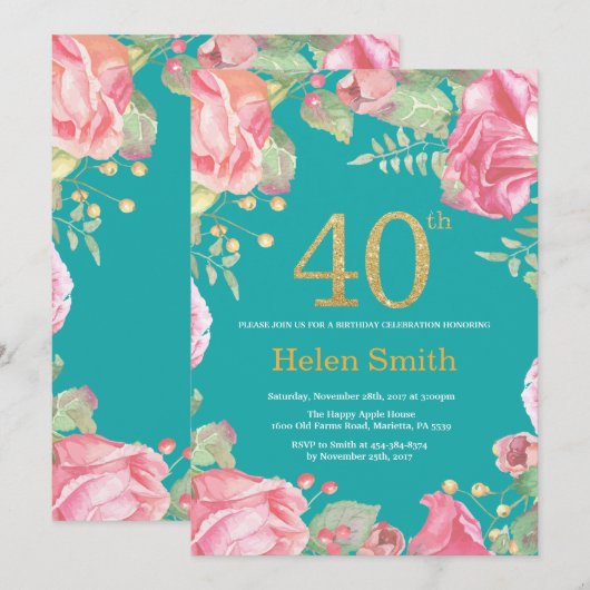 Floral 40th Birthday Gold Glitter en Blauwgroen Kaart (Voorkant / Achterkant)