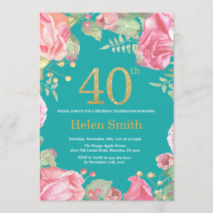 Floral 40th Birthday Gold Glitter en Blauwgroen Kaart