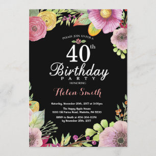 Floral 40th Birthday Invitation for Women Kaart