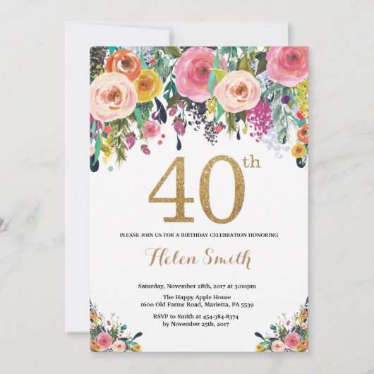 Floral 40th Birthday Invitation Gold Glitter Kaart (Voorkant)