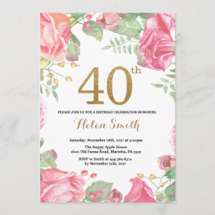 Floral 40th Birthday Invitation Gold Glitter Kaart