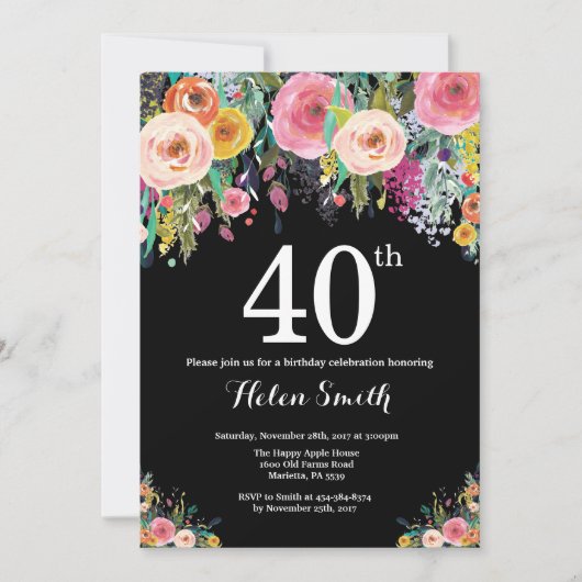 Floral 40th Birthday Invitation Kaart (Voorkant)