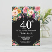 Floral 40th Birthday Invitation Kaart (Staand voorkant)