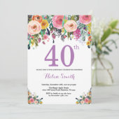 Floral 40th Birthday Invitation Paars Kaart (Staand voorkant)