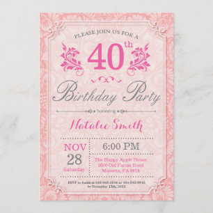 Floral 40th Birthday Invitation Pink for Women Kaart