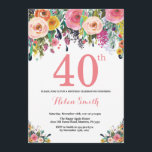 Floral 40th Birthday Invitation Pink Kaart<br><div class="desc">Floral 40th Birthday Invitation for Women. Waterverf bloem. Roze, geel, Oranje, Paars ventilator. Volwassen verjaardag. 30e 40e 50e 60e 70e 90e 100e 13e 15e 16e 18e 20e 21e elke leeftijd. Voor verdere aanpassing, te klikken gelieve de knoop "van de Aanpassing het"en ons ontwerphulpmiddel te gebruiken om deze sjabloon te wijzigen....</div>