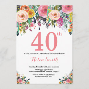 Floral 40th Birthday Invitation Pink Kaart