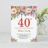 Floral 40th Birthday Invitation Red Kaart (Staand voorkant)