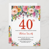 Floral 40th Birthday Invitation Red Kaart (Voorkant / Achterkant)