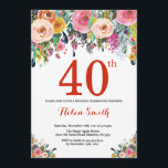 Floral 40th Birthday Invitation Red Kaart<br><div class="desc">Floral 40th Birthday Invitation for Women. Waterverf bloem. Rood, roze, geel, Oranje, Paars ventilator. Volwassen verjaardag. 30e 40e 50e 60e 70e 90e 100e 13e 15e 16e 18e 20e 21e elke leeftijd. Voor verdere aanpassing, te klikken gelieve de knoop "van de Aanpassing het"en ons ontwerphulpmiddel te gebruiken om deze sjabloon te...</div>