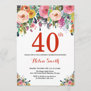 Floral 40th Birthday Invitation Red Kaart