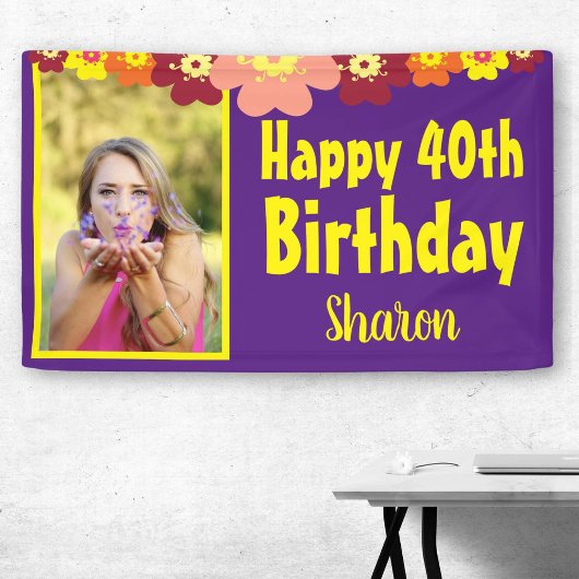 Floral 40th Birthday Paarse Foto Spandoek