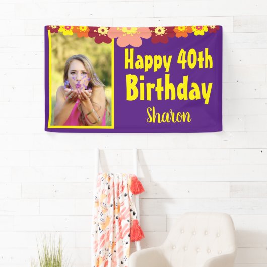 Floral 40th Birthday Paarse Foto Spandoek (Insitu)