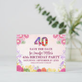 Floral 40th Birthday - Pastel 40 Bewaar de datum Briefkaart (Staand voorkant)
