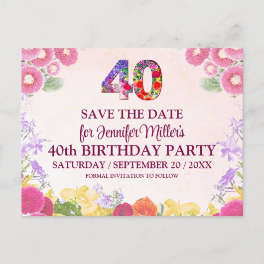 Floral 40th Birthday - Pastel 40 Bewaar de datum Briefkaart (Voorkant)