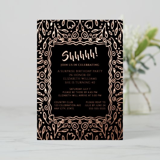 Floral 40th Custom Photo Surprise Verjaardag Folie Uitnodiging (Staand Voorkant)