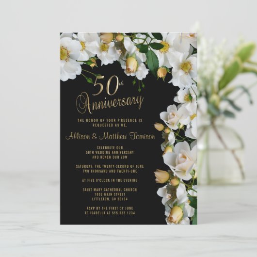 Floral 50e Jubileum zwart-wit Kaart (Staand voorkant)