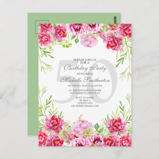 Floral 50e verjaardag van de uitnodiging van de ro (Voorkant / Achterkant)