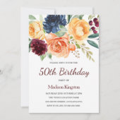 Floral 50e verjaardag van de Waterverf Burgundy &  Kaart (Voorkant)