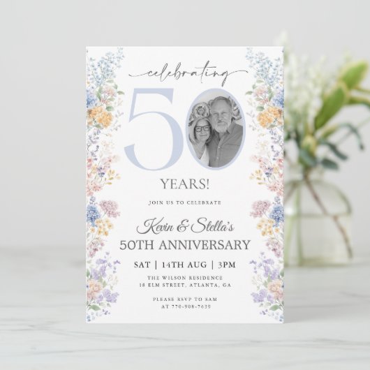 Floral 50ste Jubileum met foto Kaart (Staand voorkant)