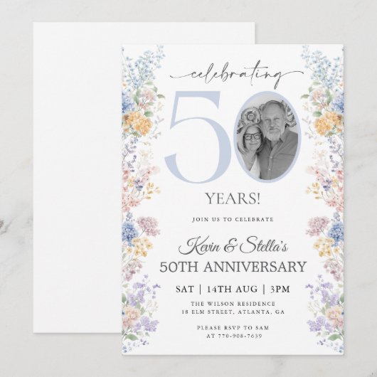 Floral 50ste Jubileum met foto Kaart (Voorkant / Achterkant)