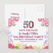 Floral 50ste verjaardag - Elegant 50 Save the Date Briefkaart (Voorkant / Achterkant)