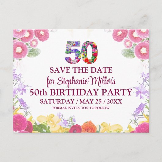 Floral 50ste verjaardag save the date 50 elegant briefkaart (Voorkant)