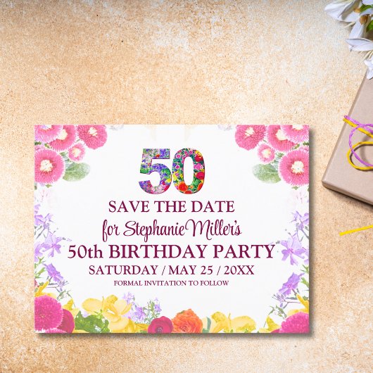 Floral 50ste verjaardag save the date 50 elegant briefkaart