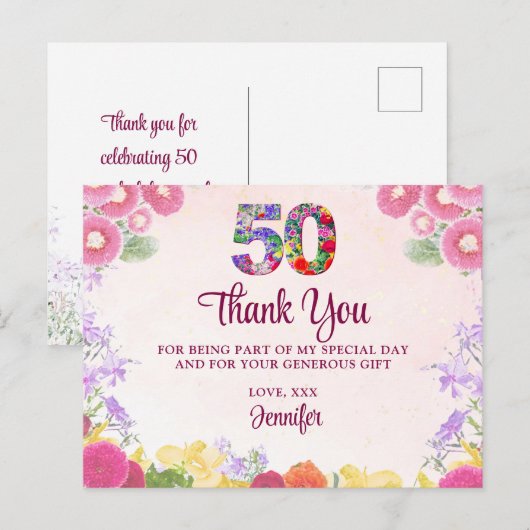 Floral 50ste Verjaardagsfeest / Pastel 50 Bedankt Briefkaart (Voorkant / Achterkant)