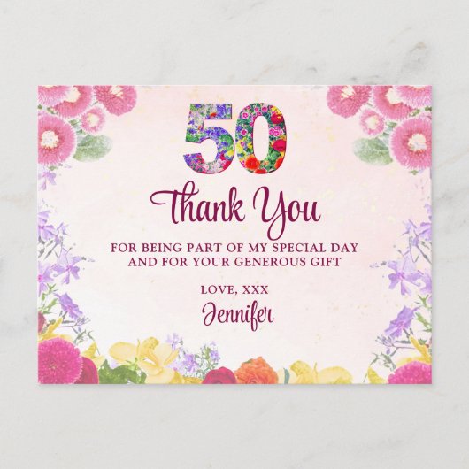 Floral 50ste Verjaardagsfeest / Pastel 50 Bedankt Briefkaart (Voorkant)