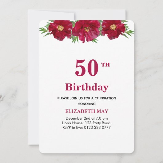 Floral 50th, 60th Birthday on Burgundy & Black Kaart (Voorkant)