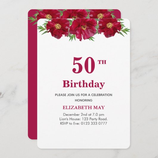 Floral 50th, 60th Birthday on Burgundy & White Kaart (Voorkant / Achterkant)