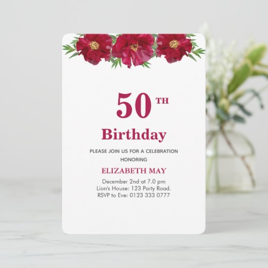 Floral 50th, 60th Birthday on Burgundy & White Kaart (Staand voorkant)