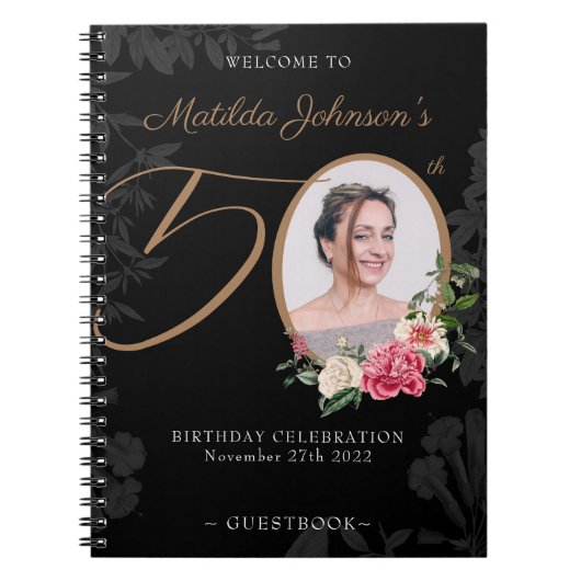 Floral 50th Birthday Black Gold Photo Guestbook Notitieboek (Voorkant)