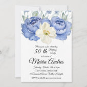 Floral 50th Birthday Elegant Watercolor white blue Kaart (Voorkant)
