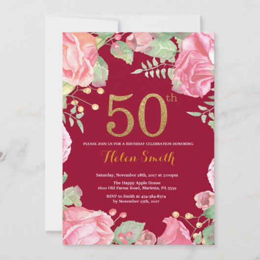 Floral 50th Birthday Gold Glitter Burgundy Red Kaart (Voorkant)