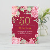 Floral 50th Birthday Gold Glitter Burgundy Red Kaart (Staand voorkant)