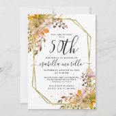 Floral 50th Birthday Gold Invitation Kaart (Voorkant)