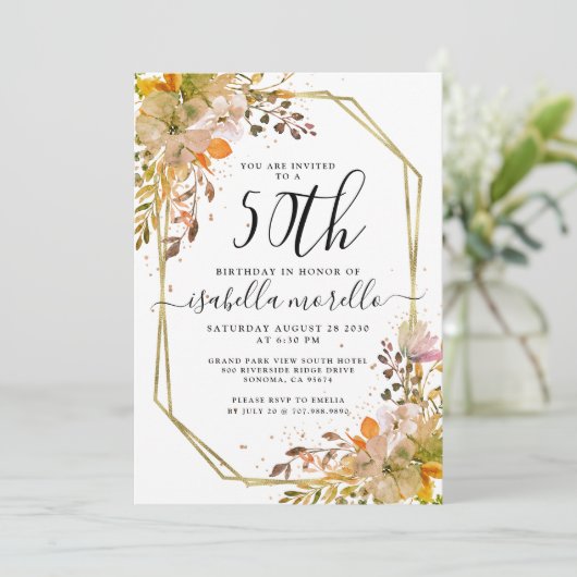 Floral 50th Birthday Gold Invitation Kaart (Staand voorkant)
