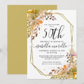 Floral 50th Birthday Gold Invitation Kaart (Voorkant / Achterkant)