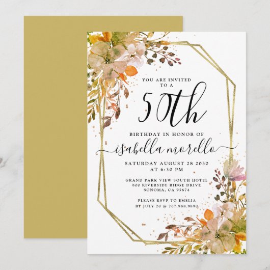 Floral 50th Birthday Gold Invitation Kaart (Voorkant / Achterkant)