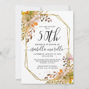 Floral 50th Birthday Gold Invitation Kaart